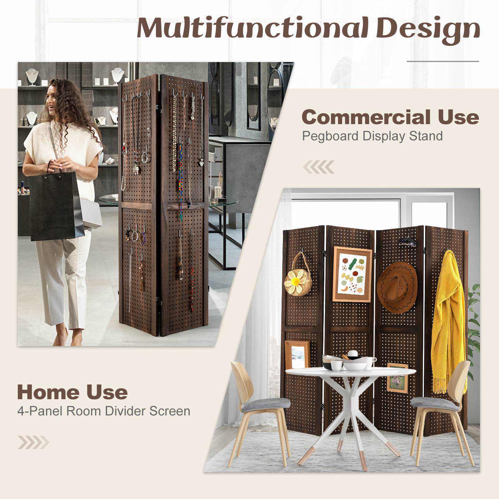 Giantex 4-Panel Room Divider Folding Pegboard Display Stand Privacy Screen Brown