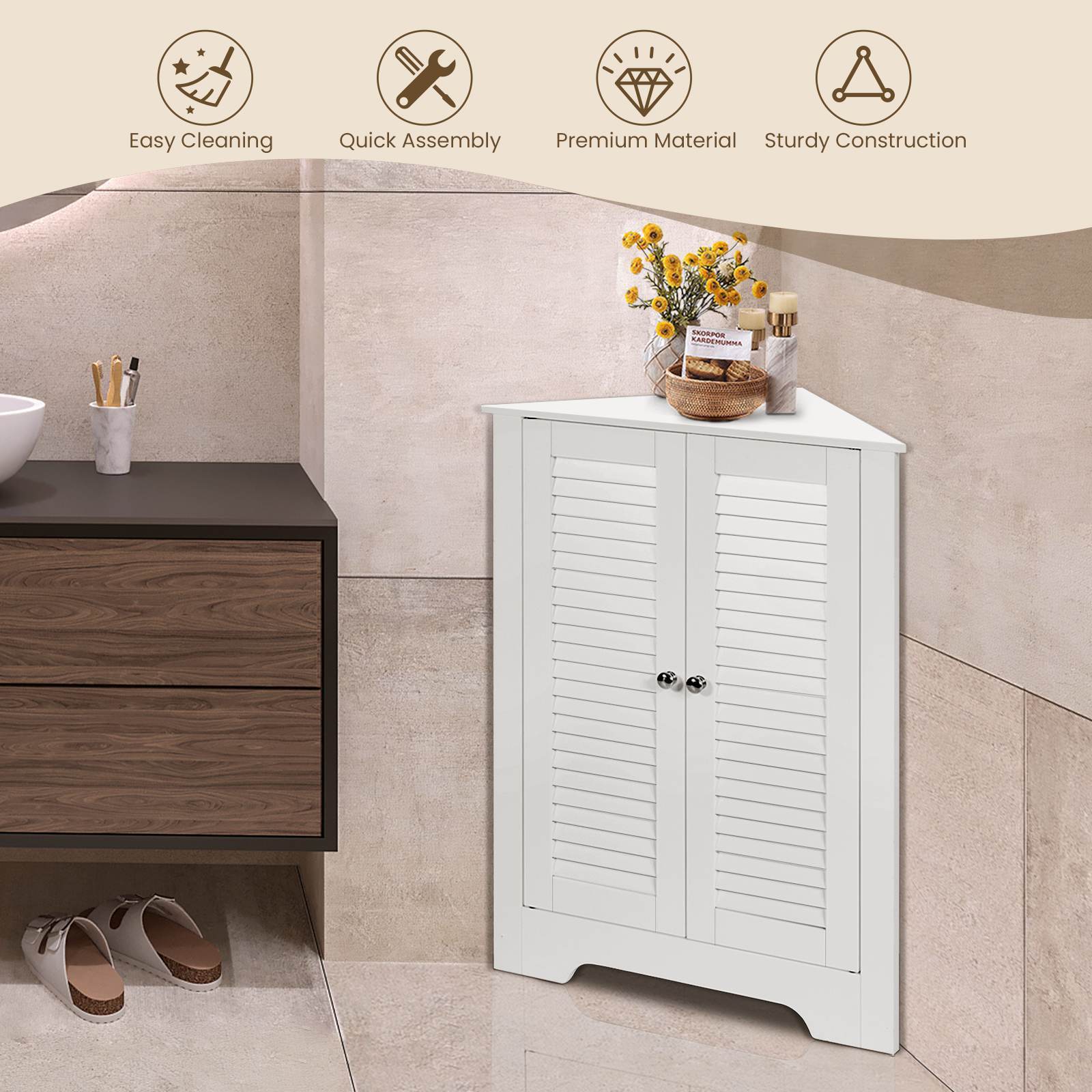 3-Tier Corner Floor Storage Cabinet Organizer w/ 2 Shutter Doors Bathroom White