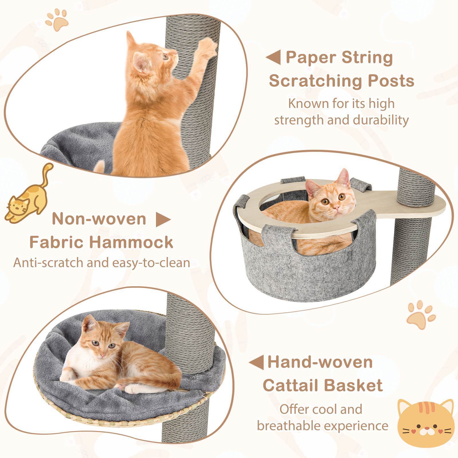 6-tier Floor-to-Ceiling Cat Tree, 255-280cm Adjustable Height w/Scratching Posts