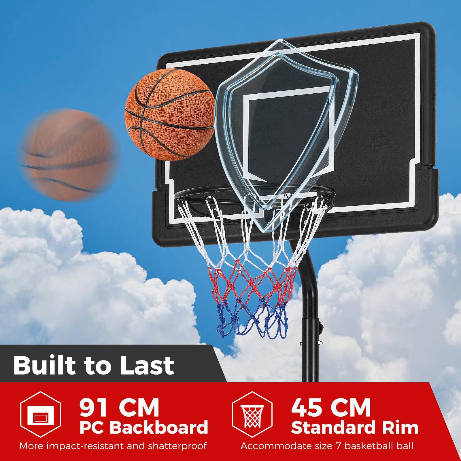 2.1-2.6m Adjustable Portable Outdoor Basketball Hoop,Kids Basketball Goal System
