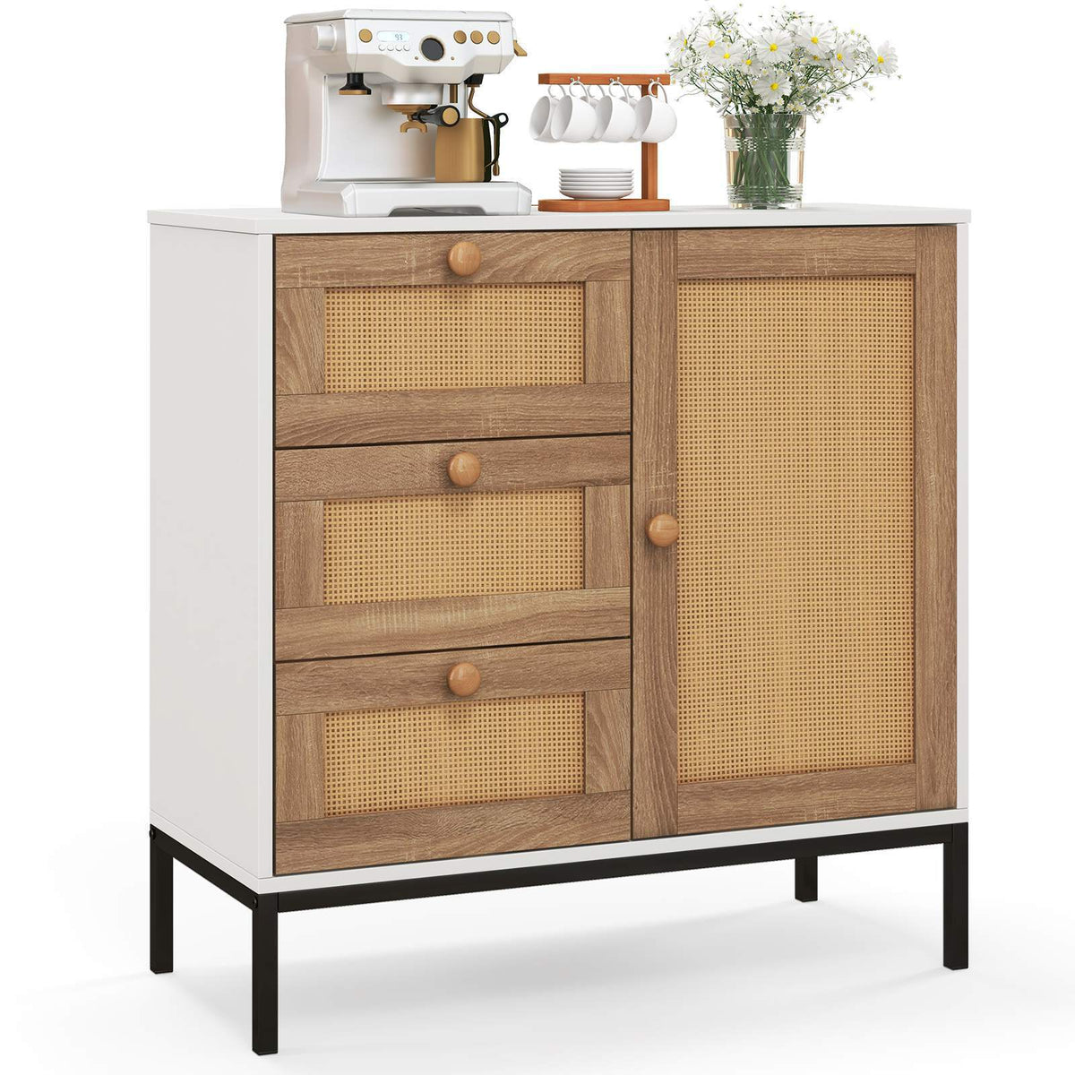 Rattan Buffet Sideboard Accent Storage Cabinet w/ 3 Drawers & 1 Door Living Room