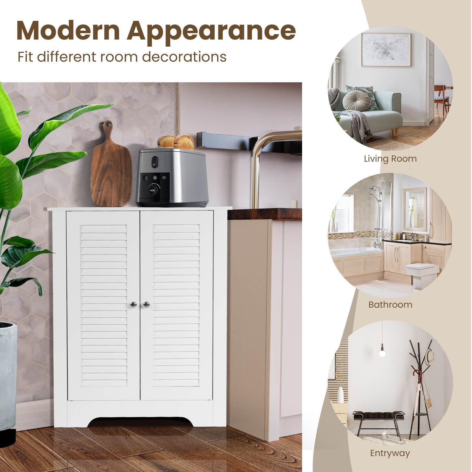 3-Tier Corner Floor Storage Cabinet Organizer w/ 2 Shutter Doors Bathroom White