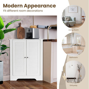 3-Tier Corner Floor Storage Cabinet Organizer w/ 2 Shutter Doors Bathroom White
