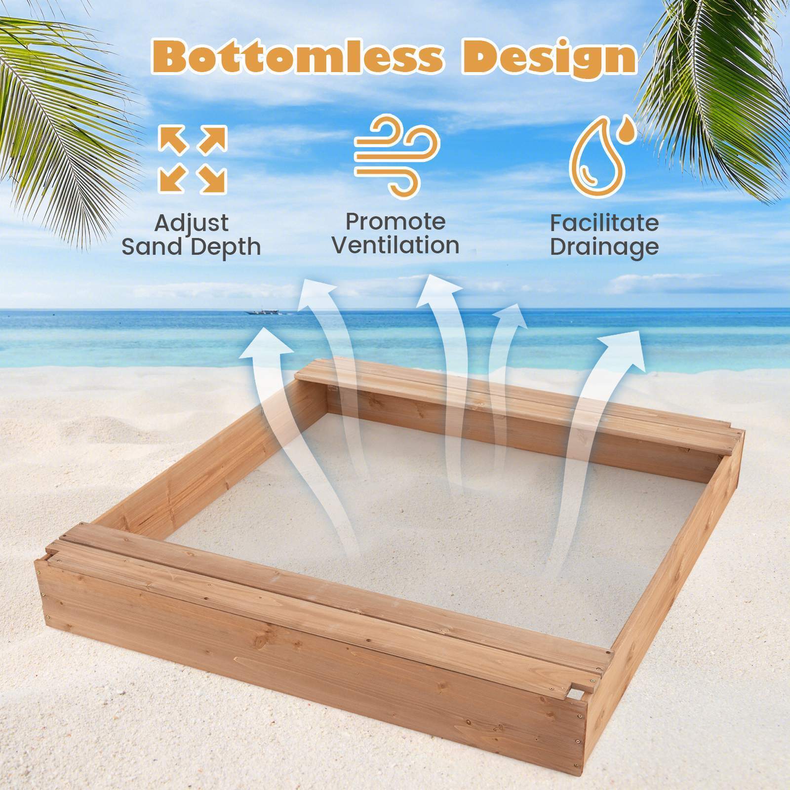 HONEY JOY Kids Sandpit Wooden Sandbox Sand Pit Play Station w/Canopy Bench Seats