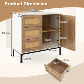 Rattan Buffet Sideboard Accent Storage Cabinet w/ 3 Drawers & 1 Door Living Room