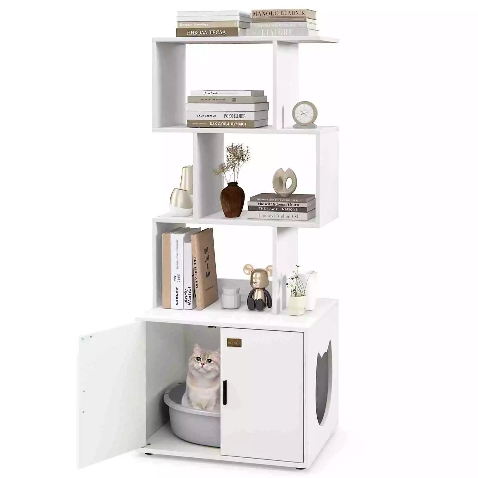142 cm Tall 2-in-1 Cat Litter Box Enclosure w/Storage Pet House Corner Bookshelf