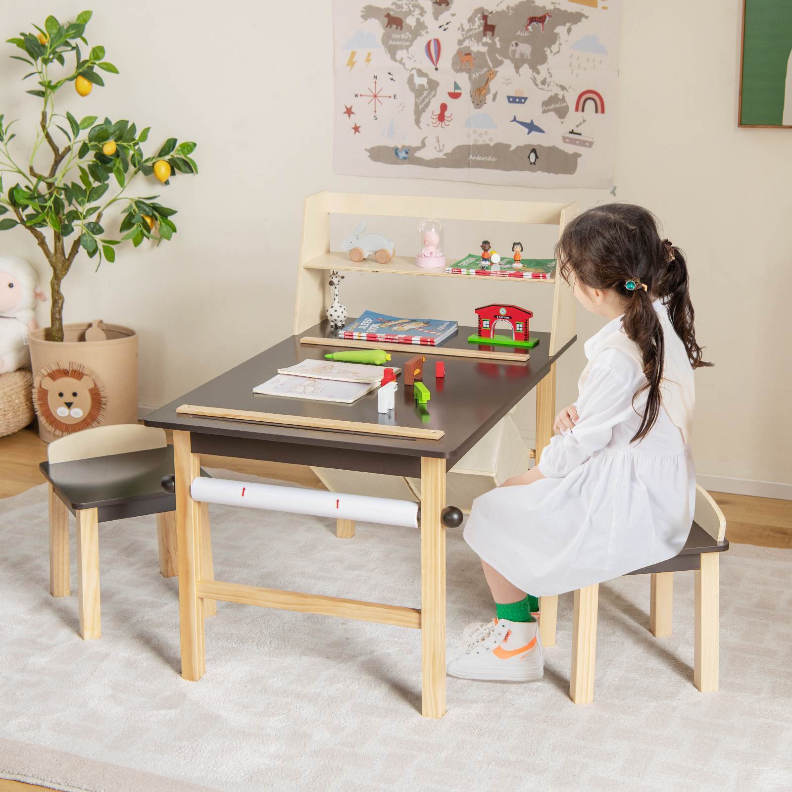 Kids Table and Chairs Set 3PCS Art Drawing Activity Desk Stools w/Storage Bins