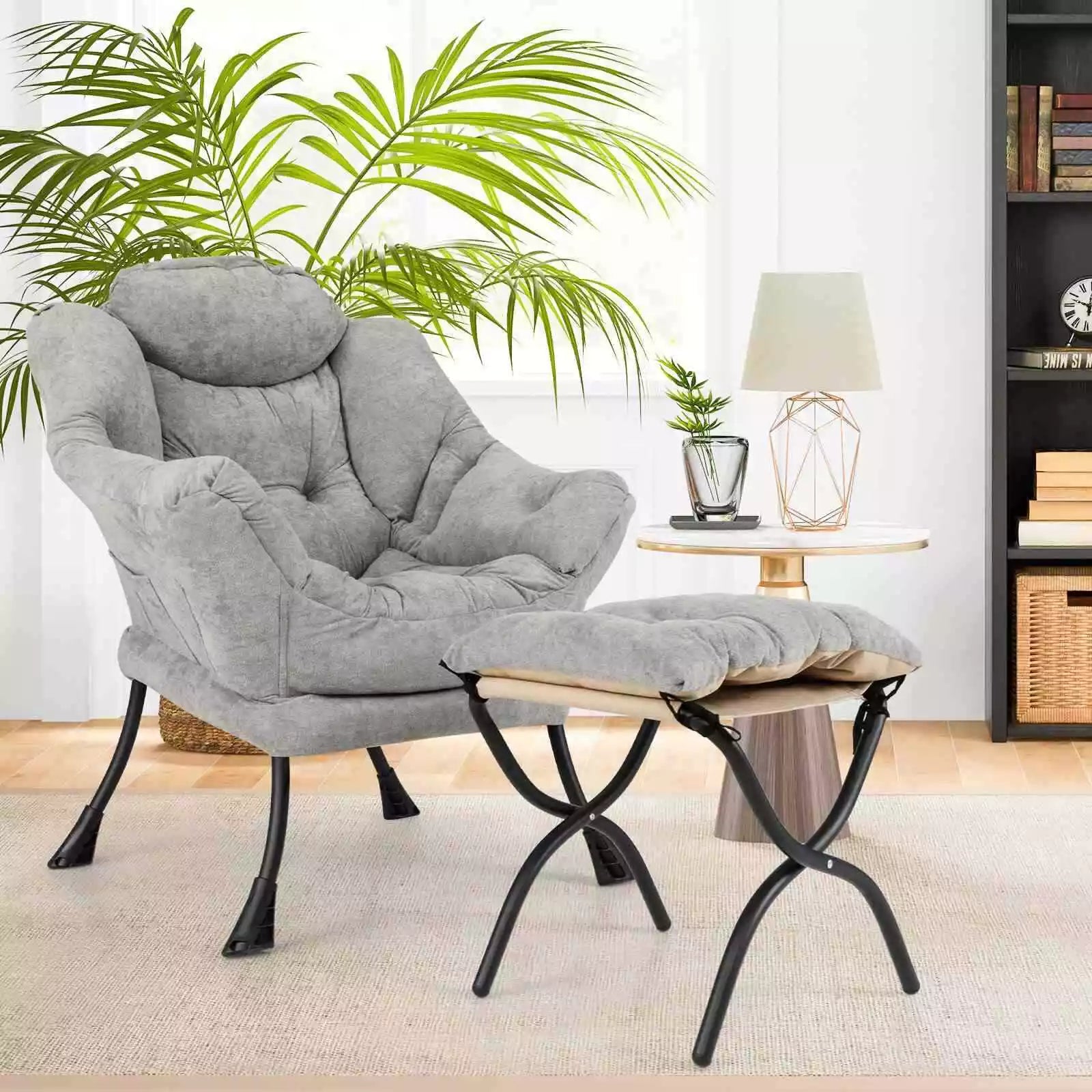 Lazy Chair w/ Ottoman Sherpa Lounge Accent Chair w/ Folding Footrest for Bedroom