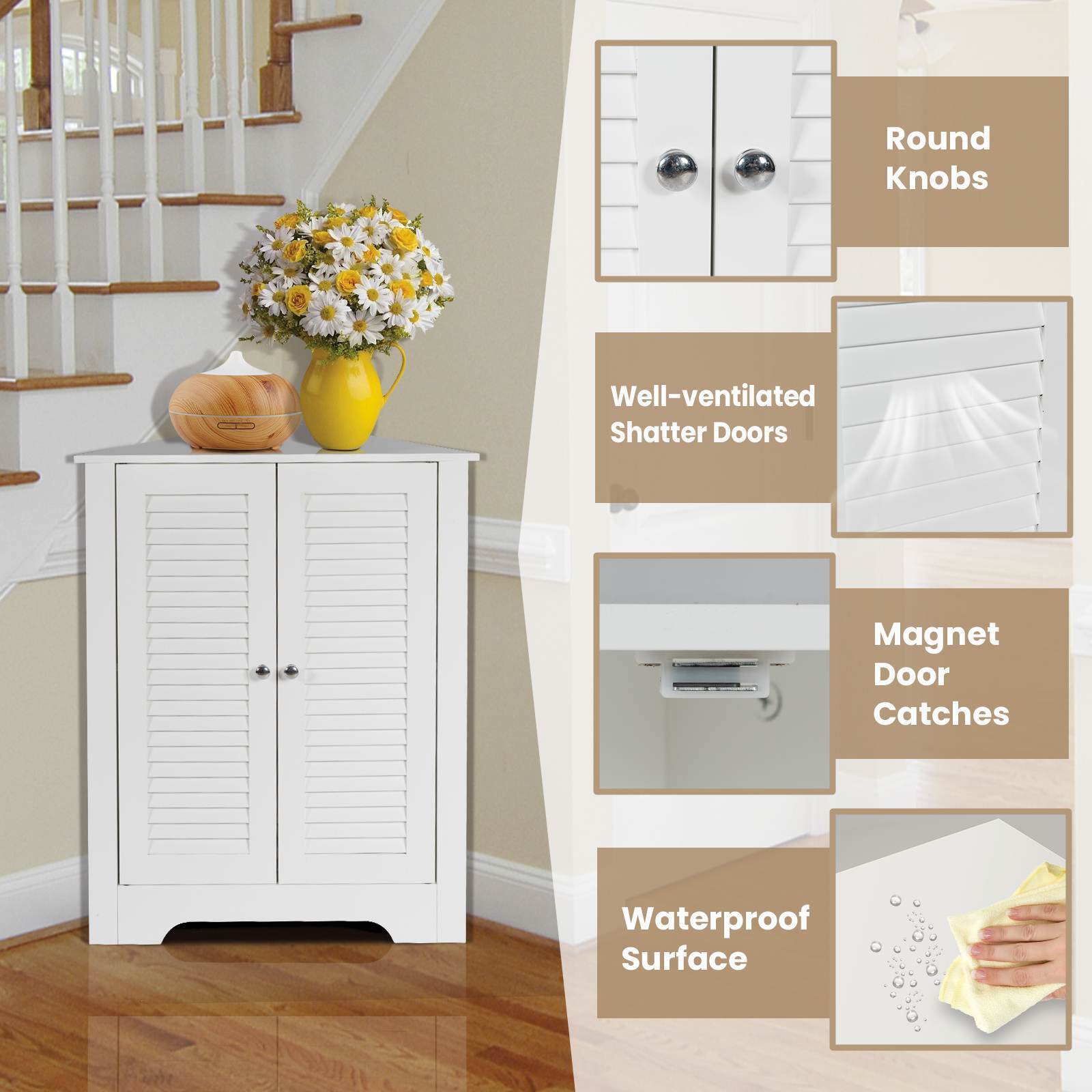 3-Tier Corner Floor Storage Cabinet Organizer w/ 2 Shutter Doors Bathroom White
