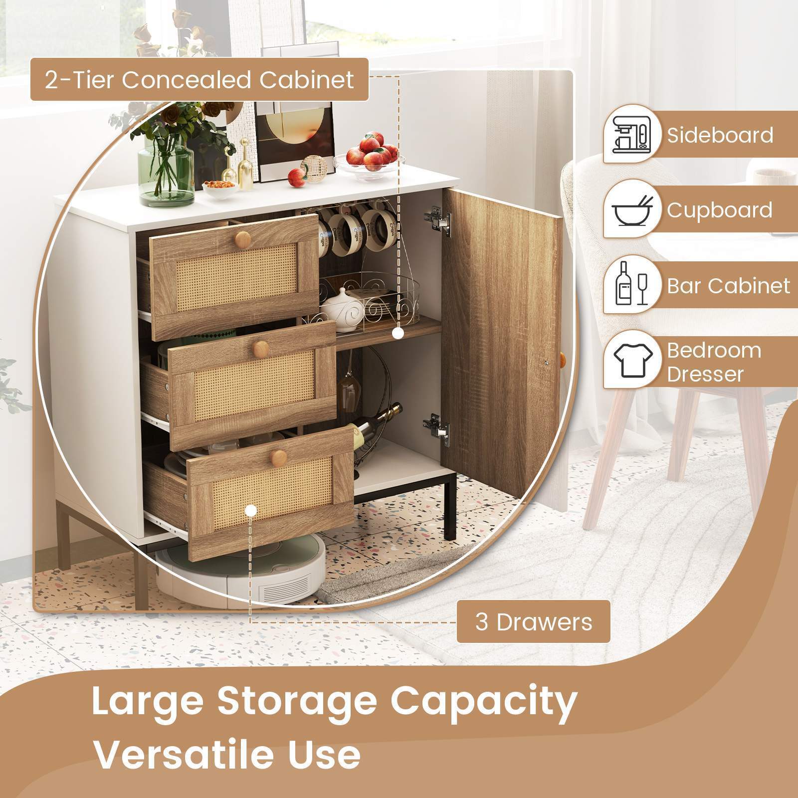 Rattan Buffet Sideboard Accent Storage Cabinet w/ 3 Drawers & 1 Door Living Room