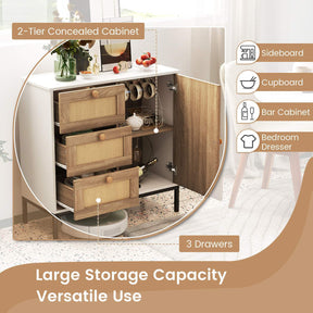 Rattan Buffet Sideboard Accent Storage Cabinet w/ 3 Drawers & 1 Door Living Room