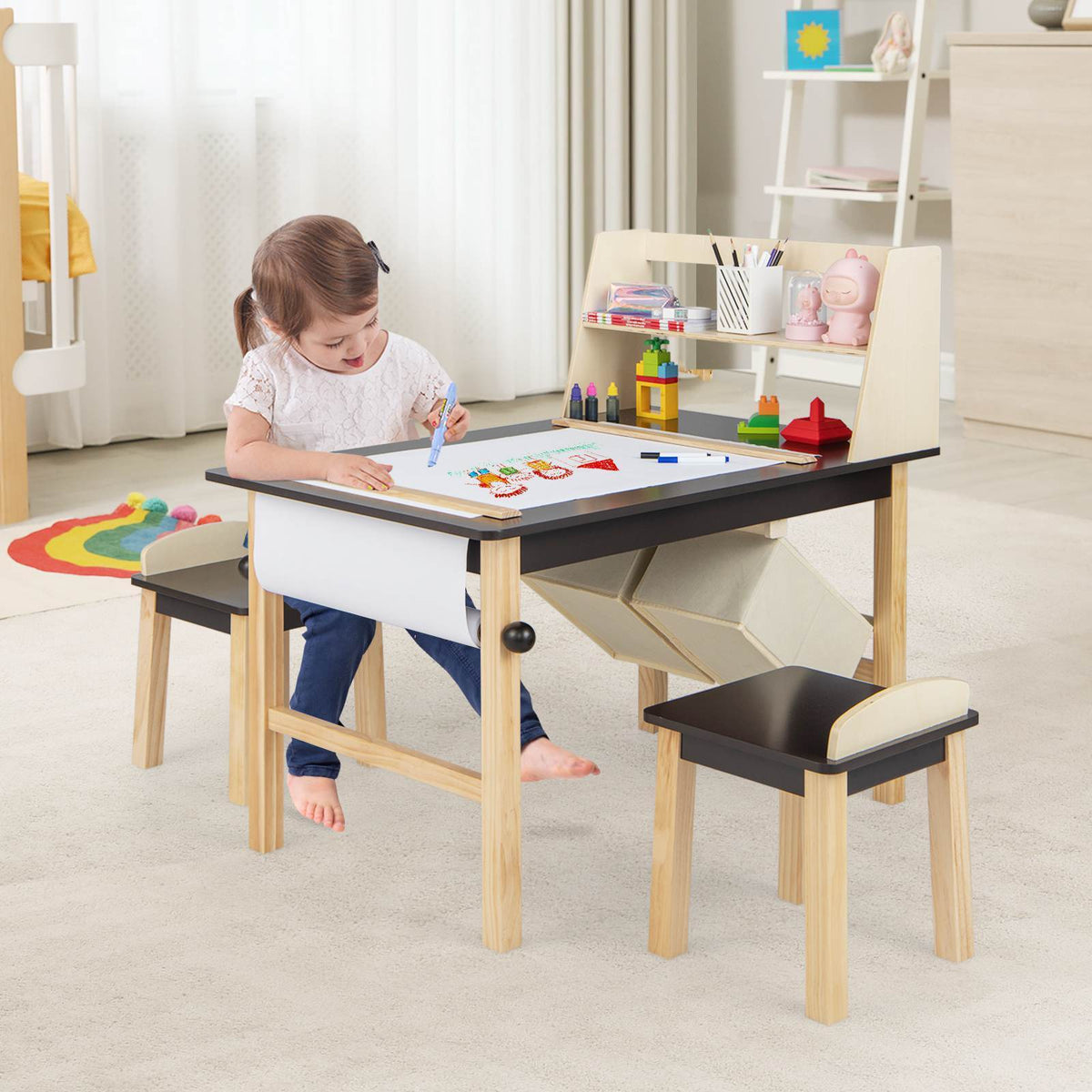 Kids Table and Chairs Set 3PCS Art Drawing Activity Desk Stools w/Storage Bins