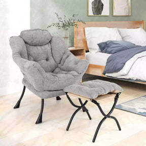 Lazy Chair w/ Ottoman Sherpa Lounge Accent Chair w/ Folding Footrest for Bedroom