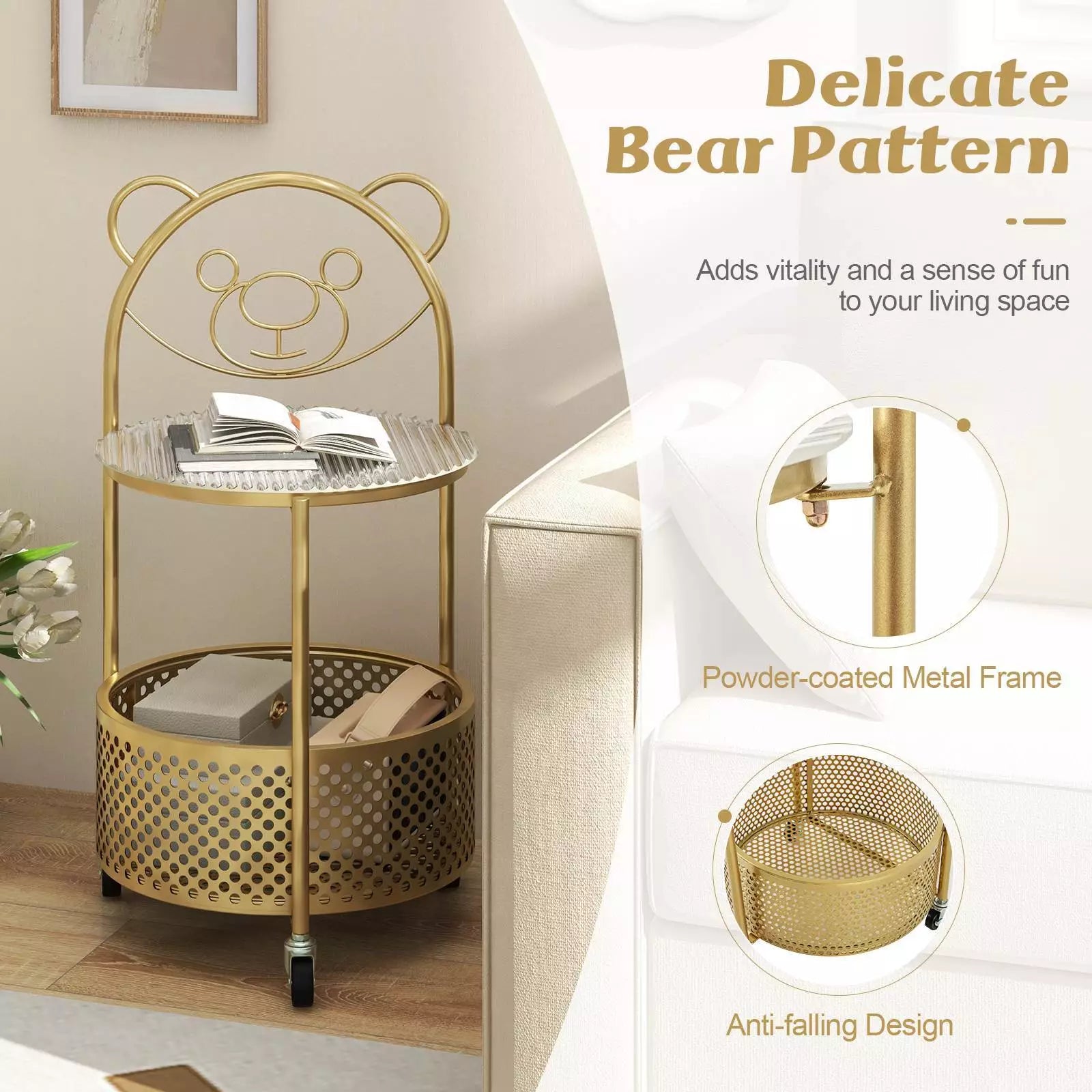 HONEY JOY 2-Tier Round End Table Storage Side Table Bedroom w/Lockable Wheels