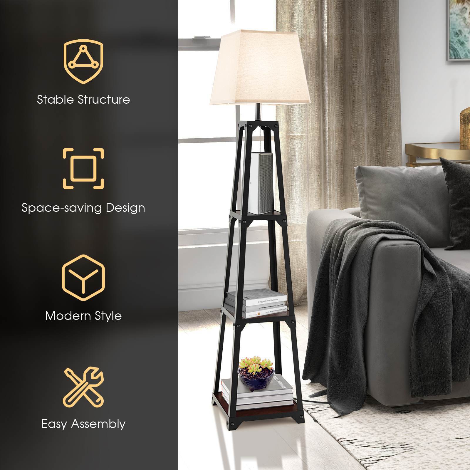 Trapezoidal Designed Floor Lamp, 3 Tiered Storage Lamps, Shelf Floor Lamp