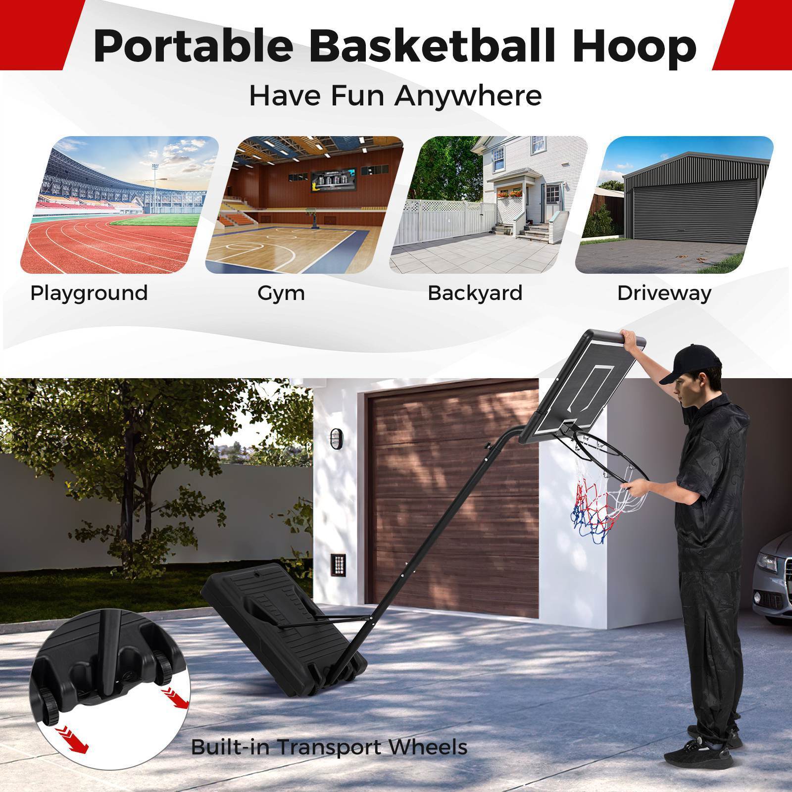 2.1-2.6m Adjustable Portable Outdoor Basketball Hoop,Kids Basketball Goal System