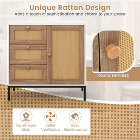 Rattan Buffet Sideboard Accent Storage Cabinet w/ 3 Drawers & 1 Door Living Room