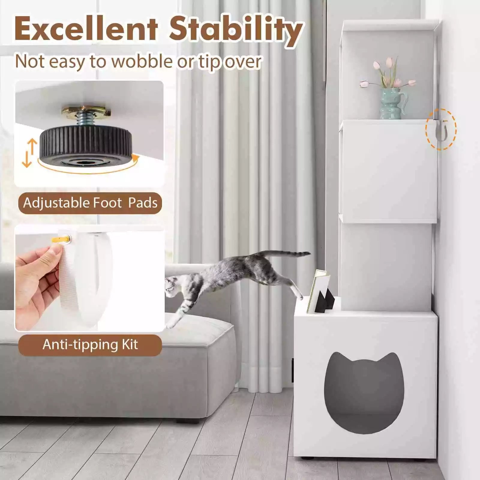 142 cm Tall 2-in-1 Cat Litter Box Enclosure w/Storage Pet House Corner Bookshelf