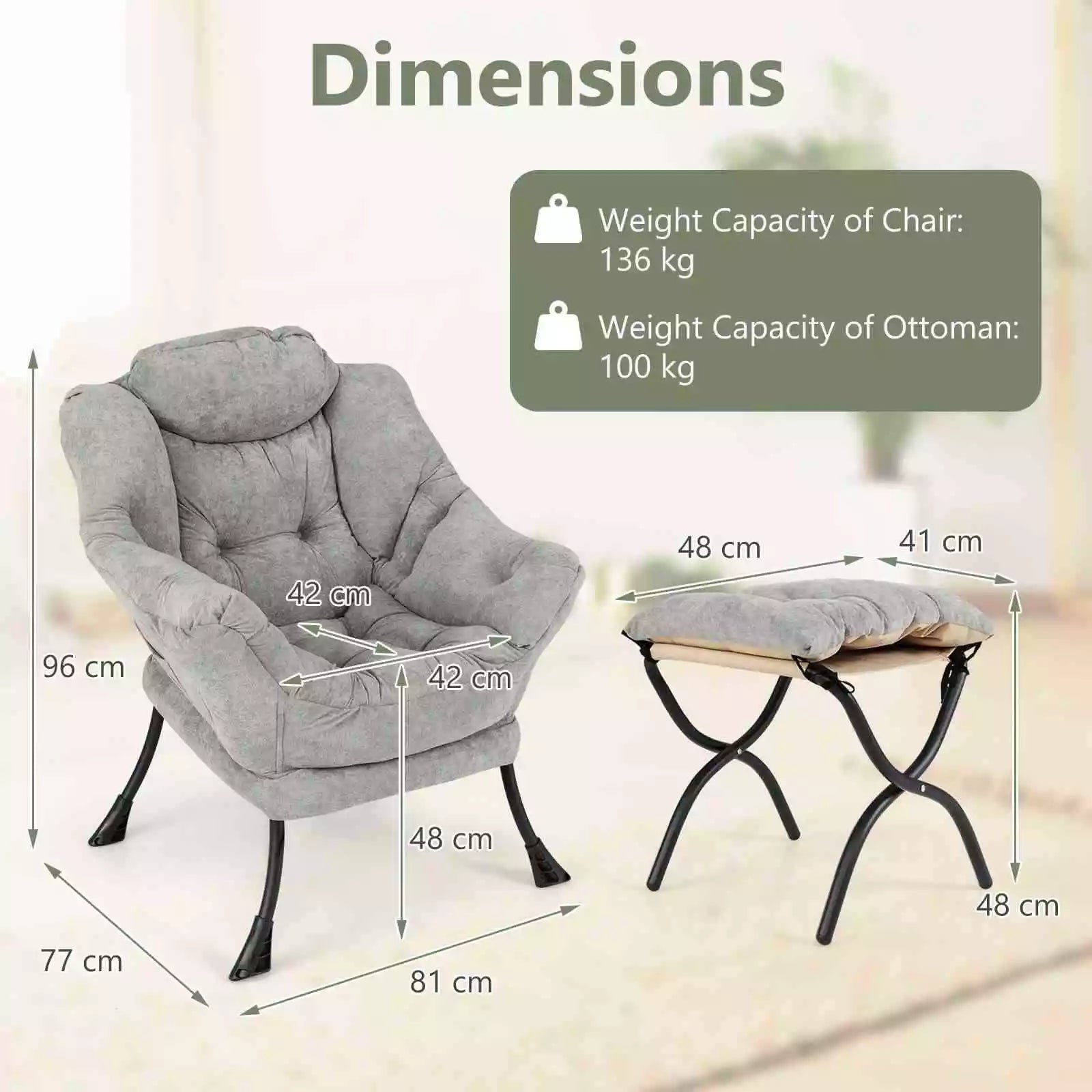Lazy Chair w/ Ottoman Sherpa Lounge Accent Chair w/ Folding Footrest for Bedroom