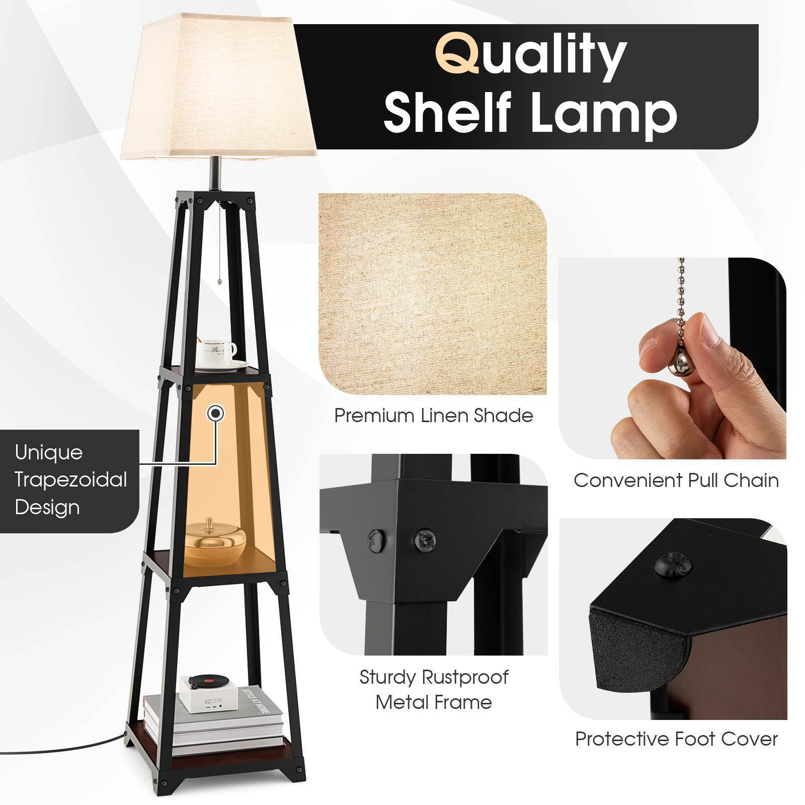 Trapezoidal Designed Floor Lamp, 3 Tiered Storage Lamps, Shelf Floor Lamp