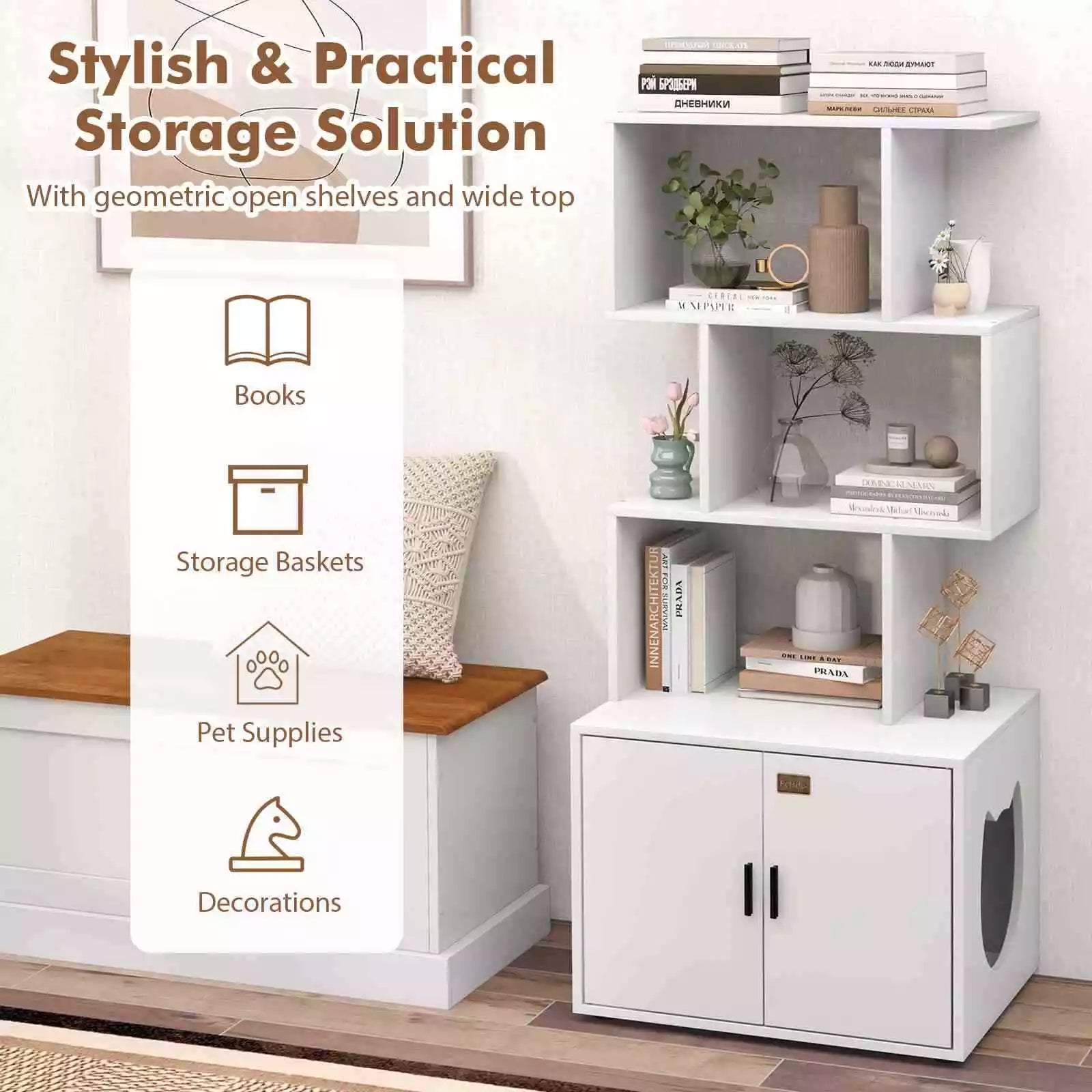 142 cm Tall 2-in-1 Cat Litter Box Enclosure w/Storage Pet House Corner Bookshelf