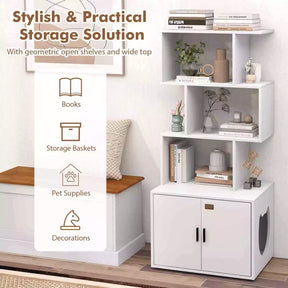 142 cm Tall 2-in-1 Cat Litter Box Enclosure w/Storage Pet House Corner Bookshelf