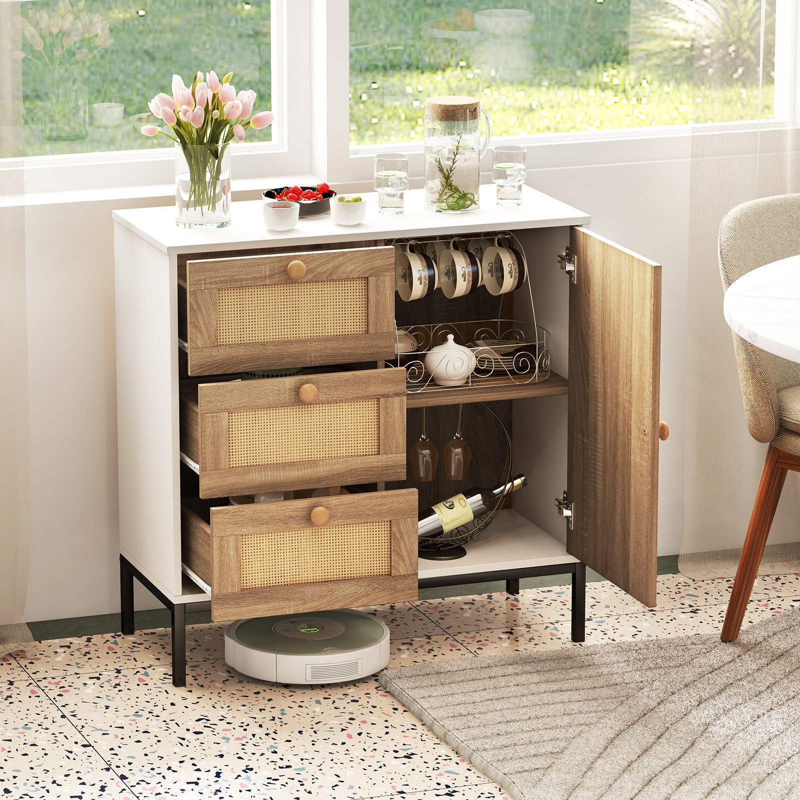 Rattan Buffet Sideboard Accent Storage Cabinet w/ 3 Drawers & 1 Door Living Room