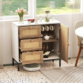 Rattan Buffet Sideboard Accent Storage Cabinet w/ 3 Drawers & 1 Door Living Room