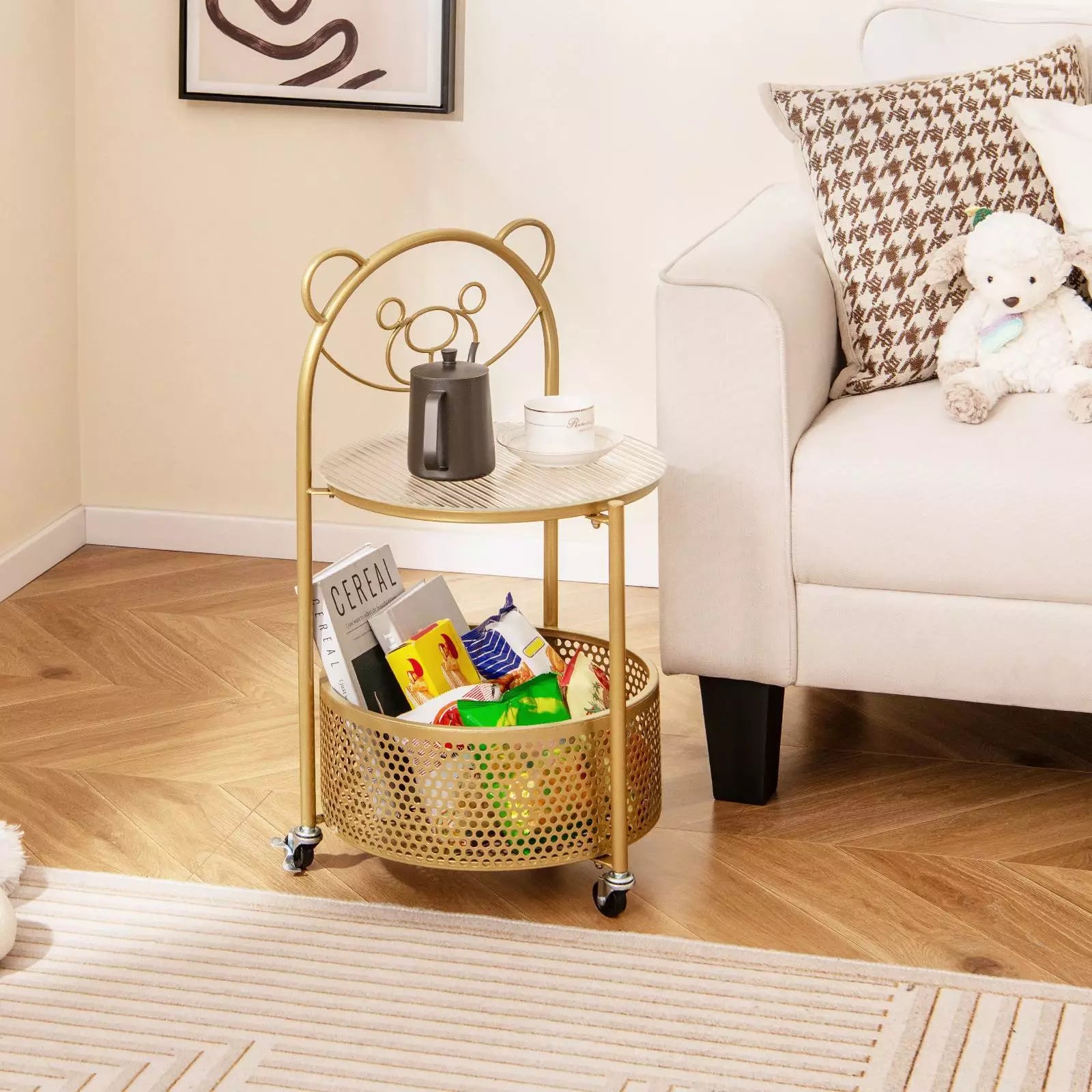 HONEY JOY 2-Tier Round End Table Storage Side Table Bedroom w/Lockable Wheels