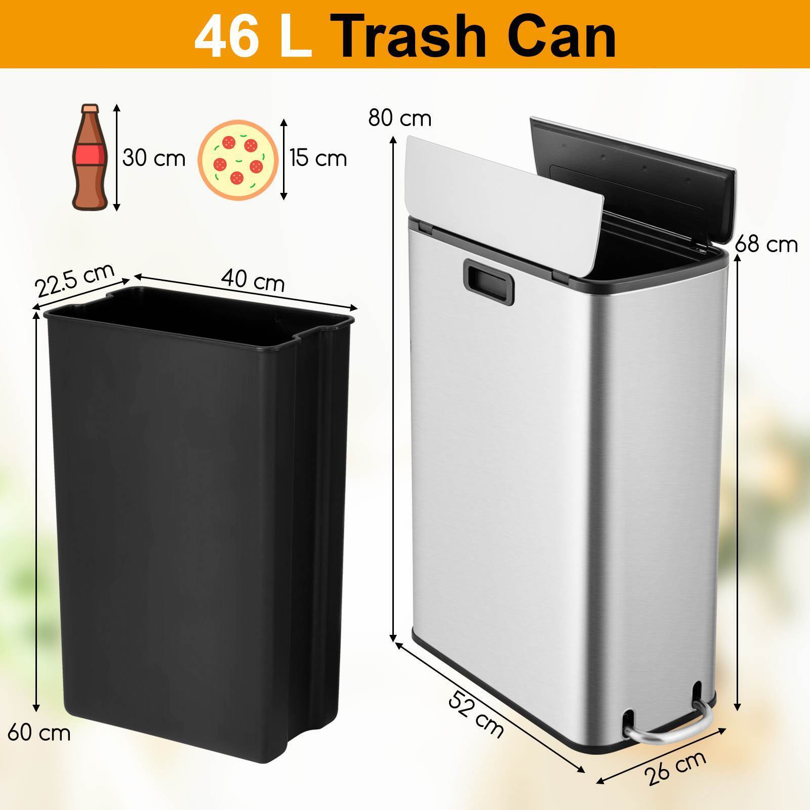46L Stainless Steel Trash Can Kitchen Waste Bin Slim Step Garbage Can Dustbin