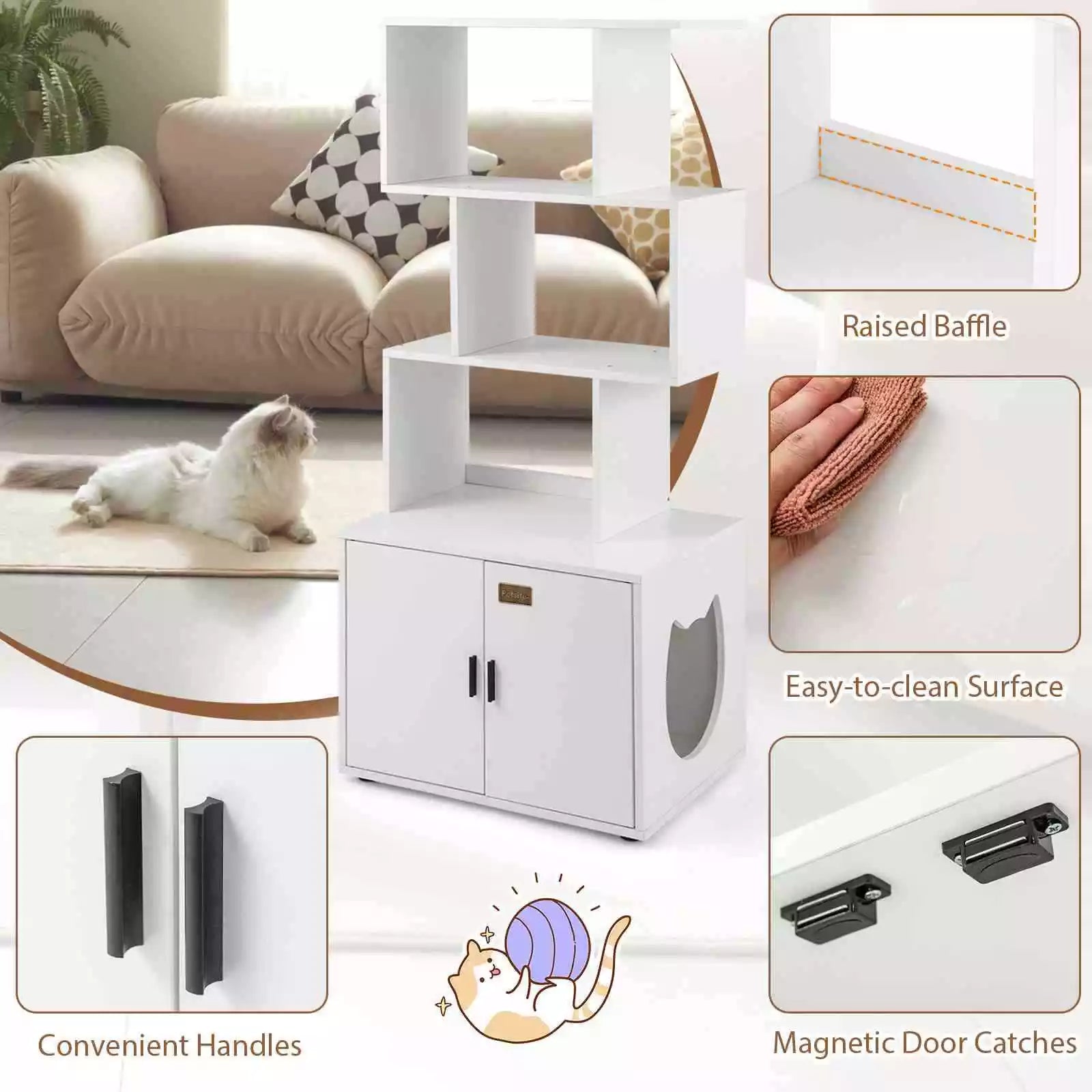 142 cm Tall 2-in-1 Cat Litter Box Enclosure w/Storage Pet House Corner Bookshelf