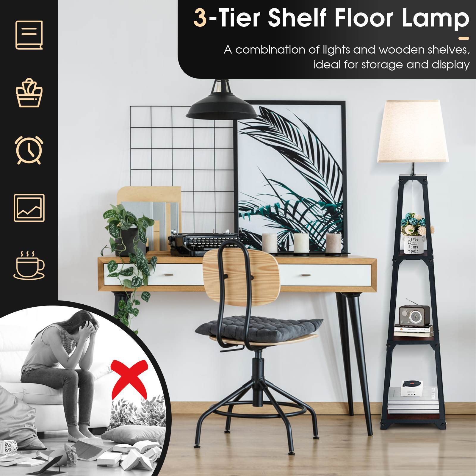 Trapezoidal Designed Floor Lamp, 3 Tiered Storage Lamps, Shelf Floor Lamp