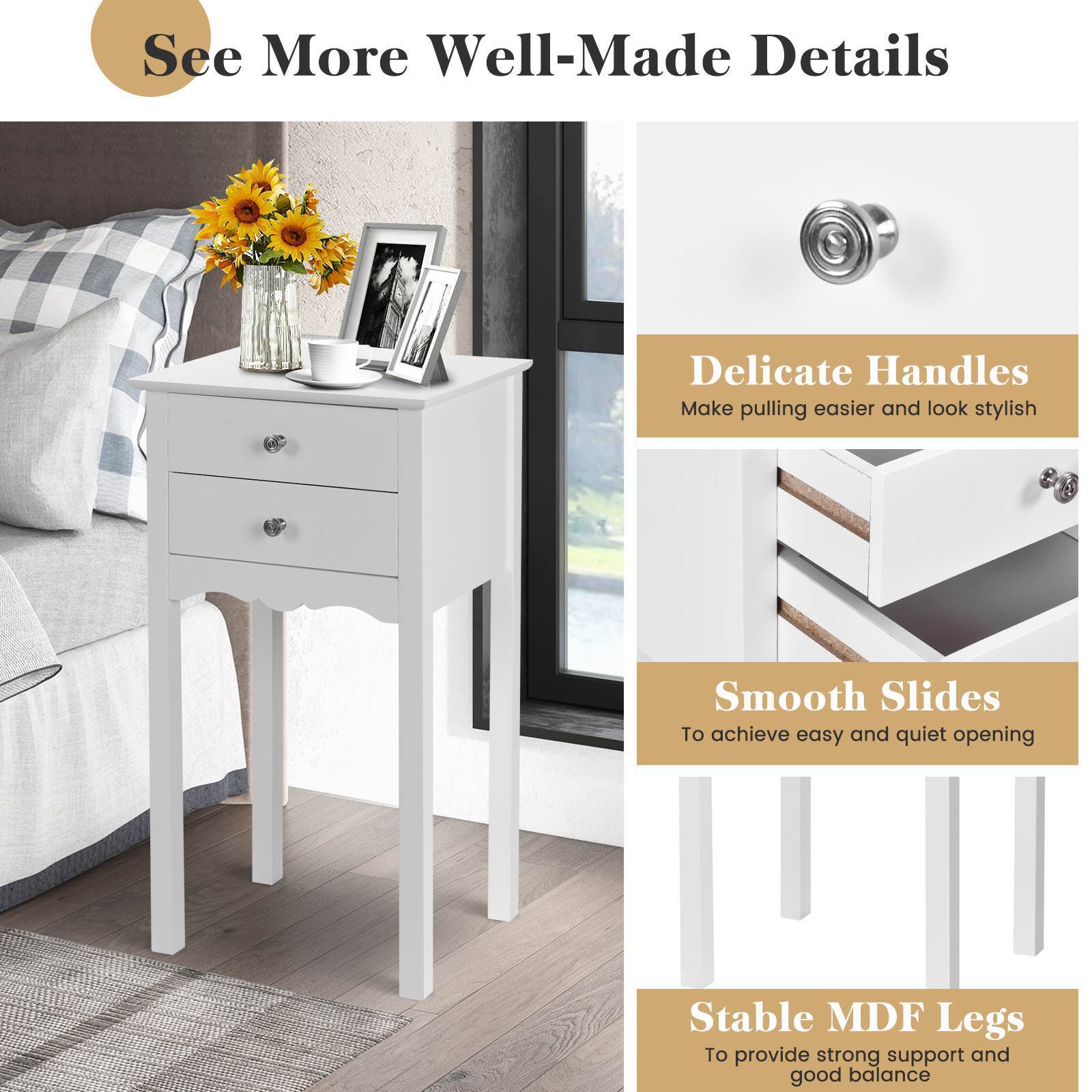End Table with 2 Drawers Side Table Nightstand Bedroom Storage Bedside Table
