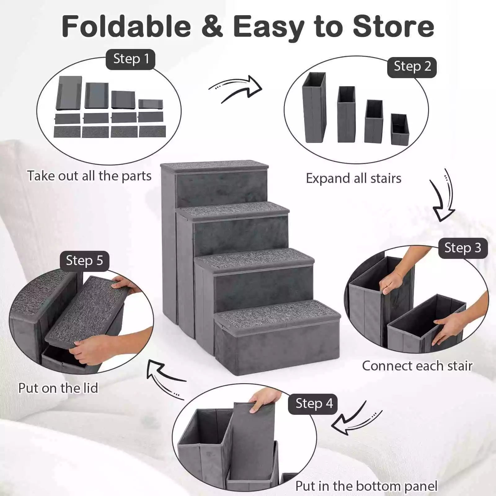 4-Step Dog Stairs Non-slip Foldable Dog Ramp for High Beds Sofas Storage Boxes