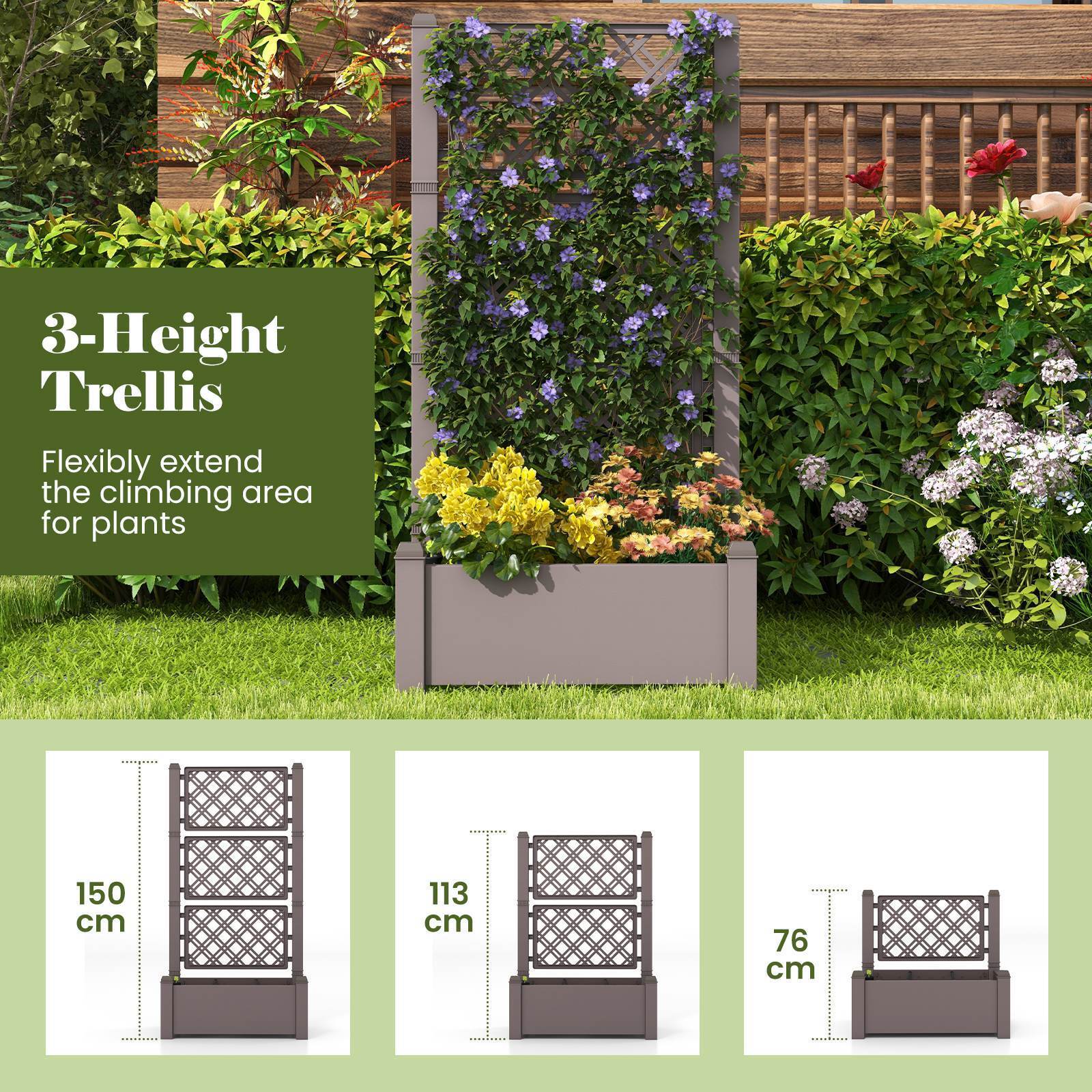 Self-Watering Raised Garden Bed Planter Box with 3-Height Trellis 76x45x150 cm