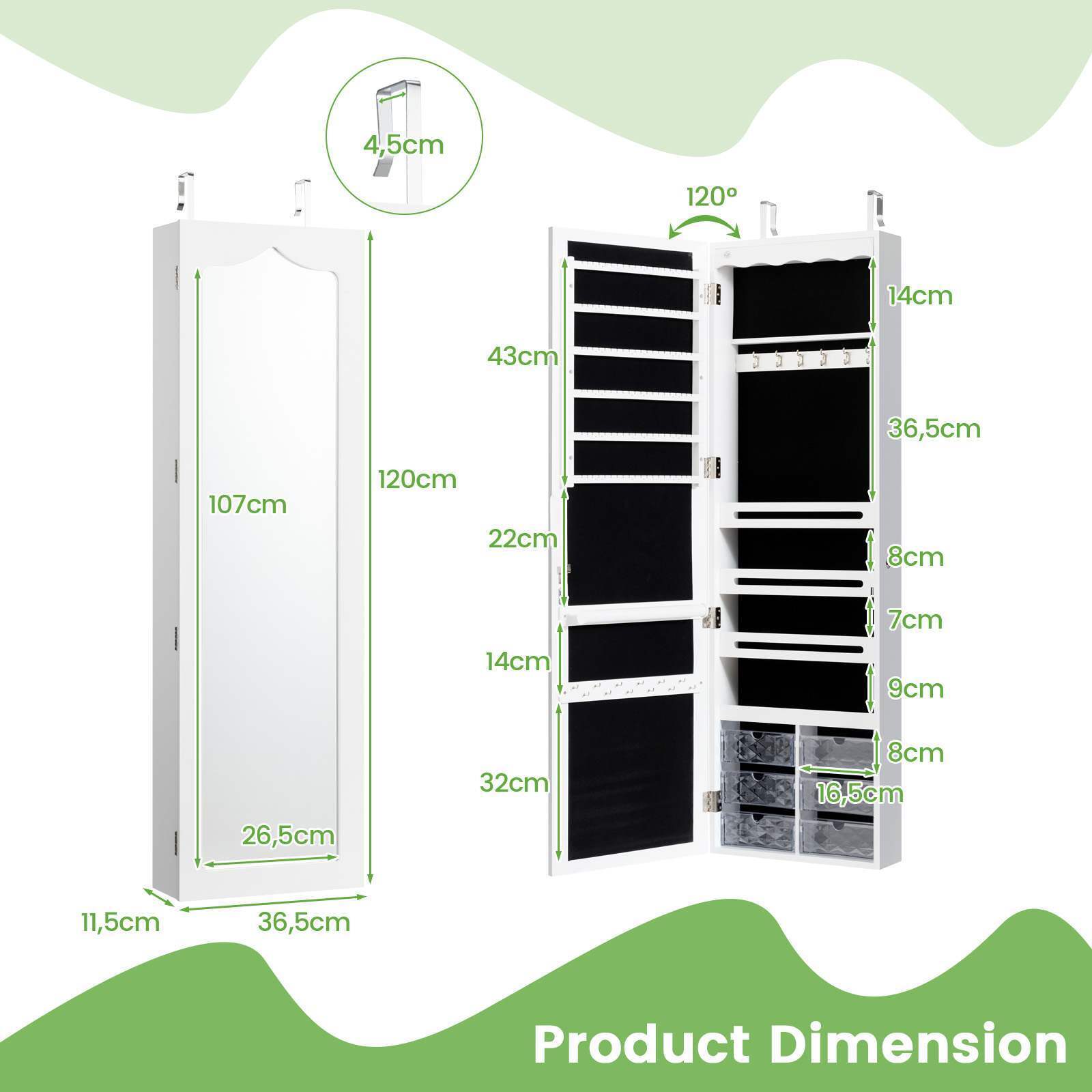 Jewelry Cabinet Armoire Full Length Mirror Wall/Door Mounted Storage Cabinet