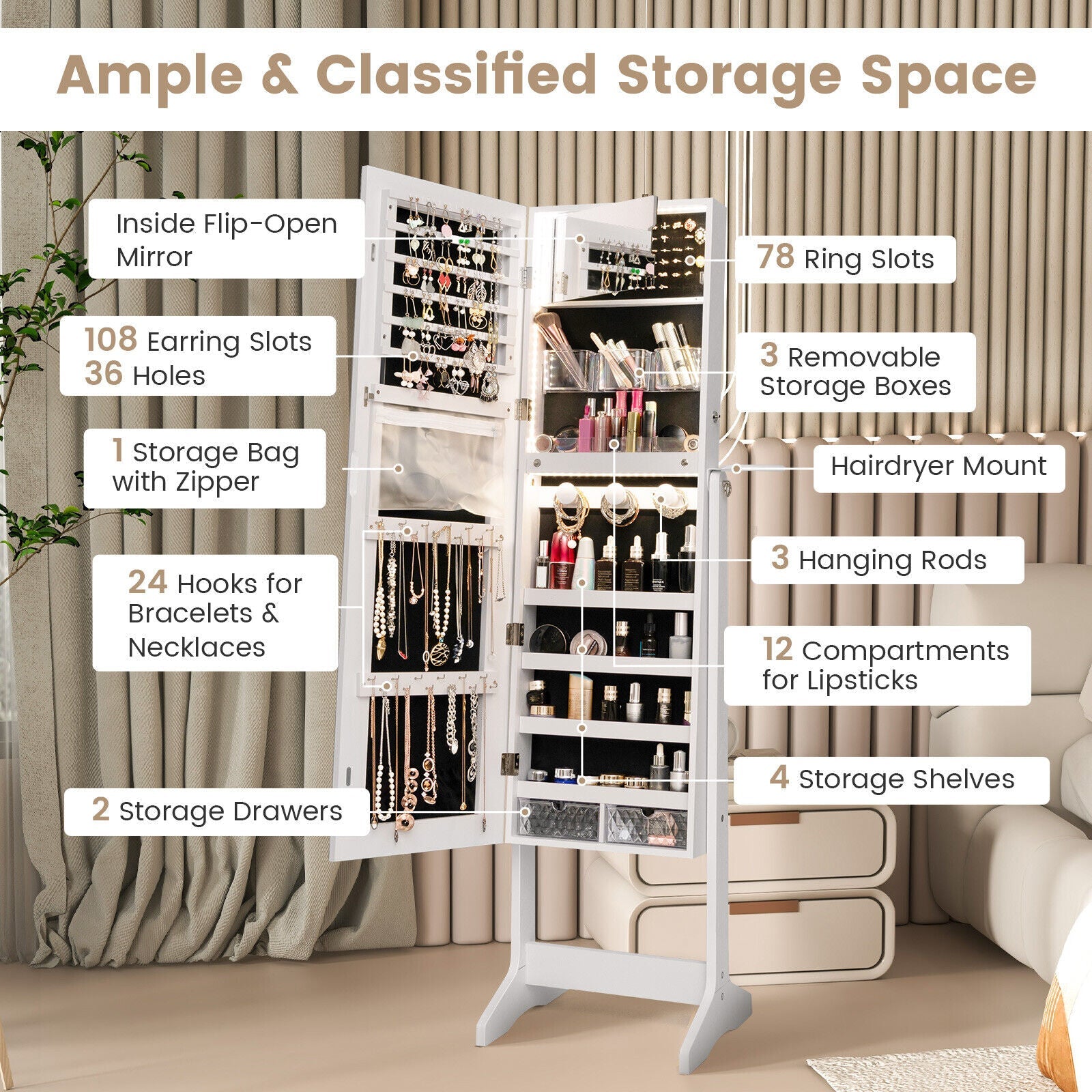 Freestanding Jewelry Cabinet Armoire Lockable Jewelry Organizer w/ LED Lights