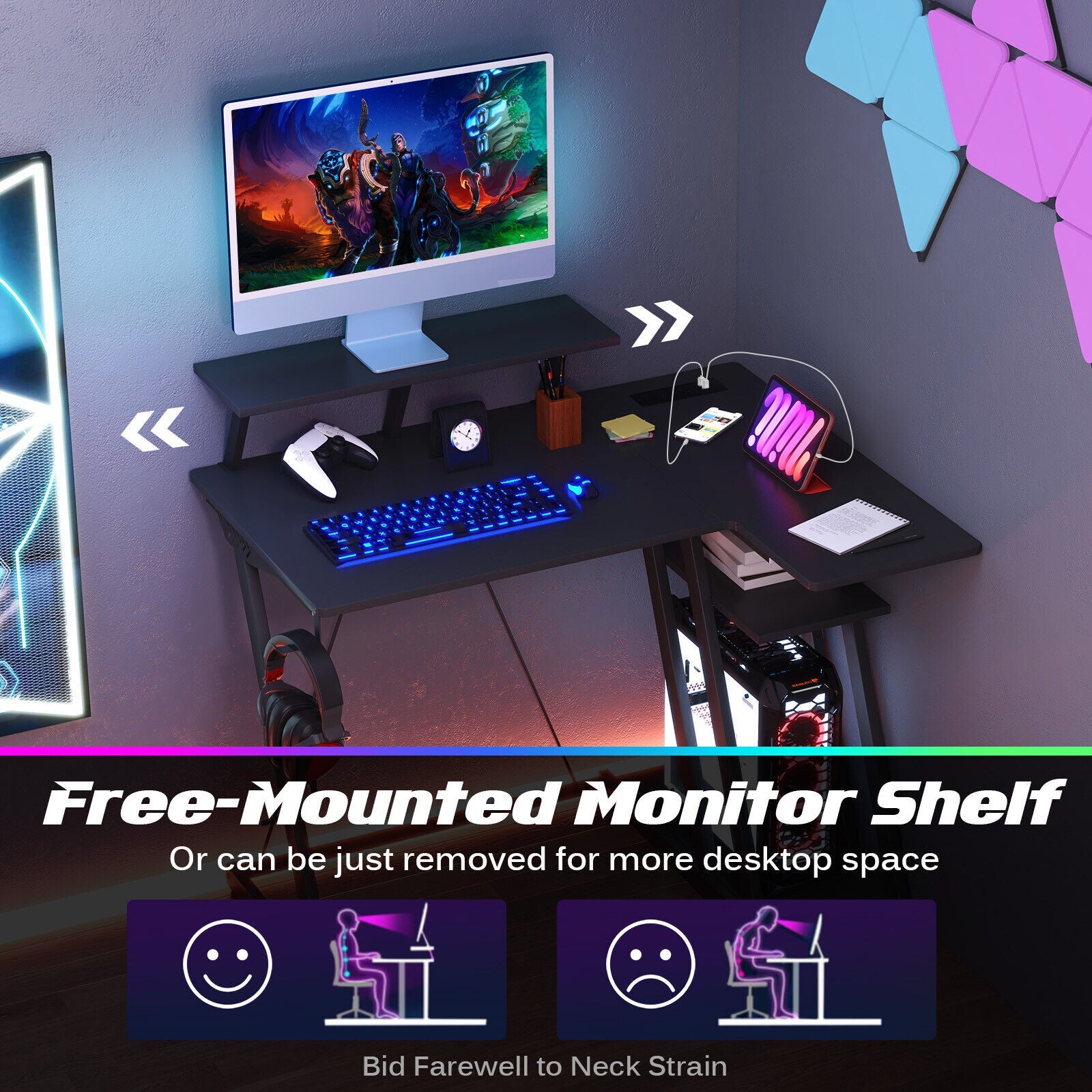 L Shaped Gaming Desk with Outlets & USB Ports Monitor Shelf Headphone Hook