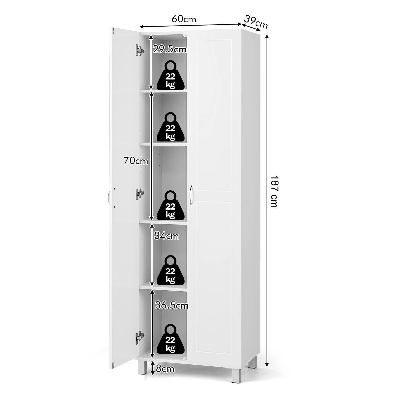 187 CM Double Door Tall Storage Cabinet Modern Utility Pantry Organizer White
