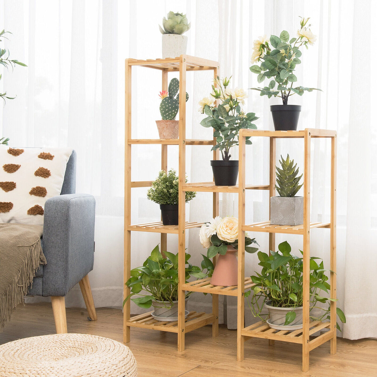 9-tier Wood Plant Stand Flower Pot Display Shelf Rack Living Room Patio