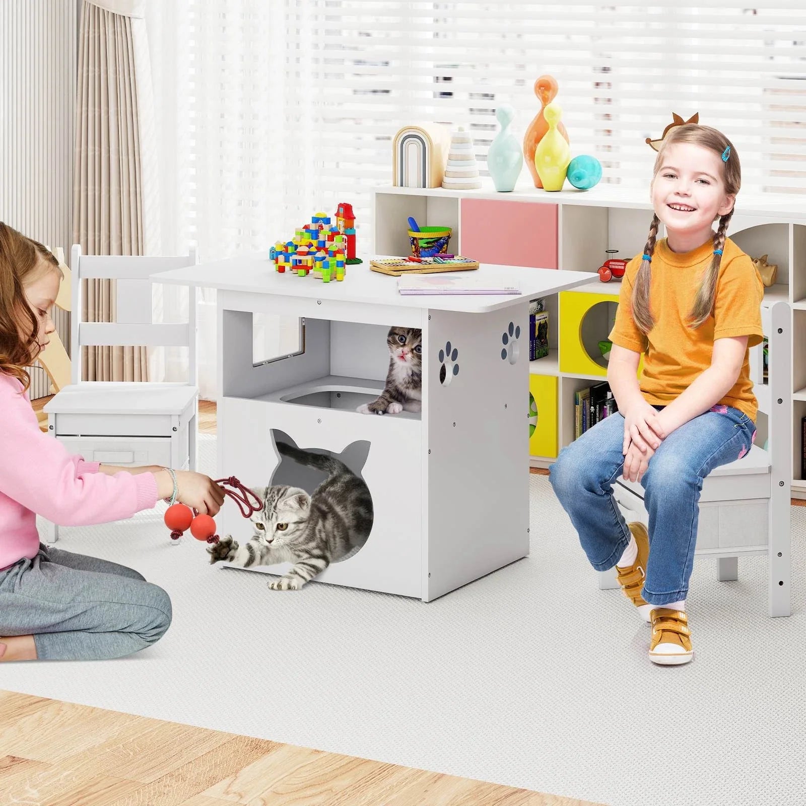 Kids Table and Chairs Set 3 Pieces Wooden Children Furniture Desk with Cat House