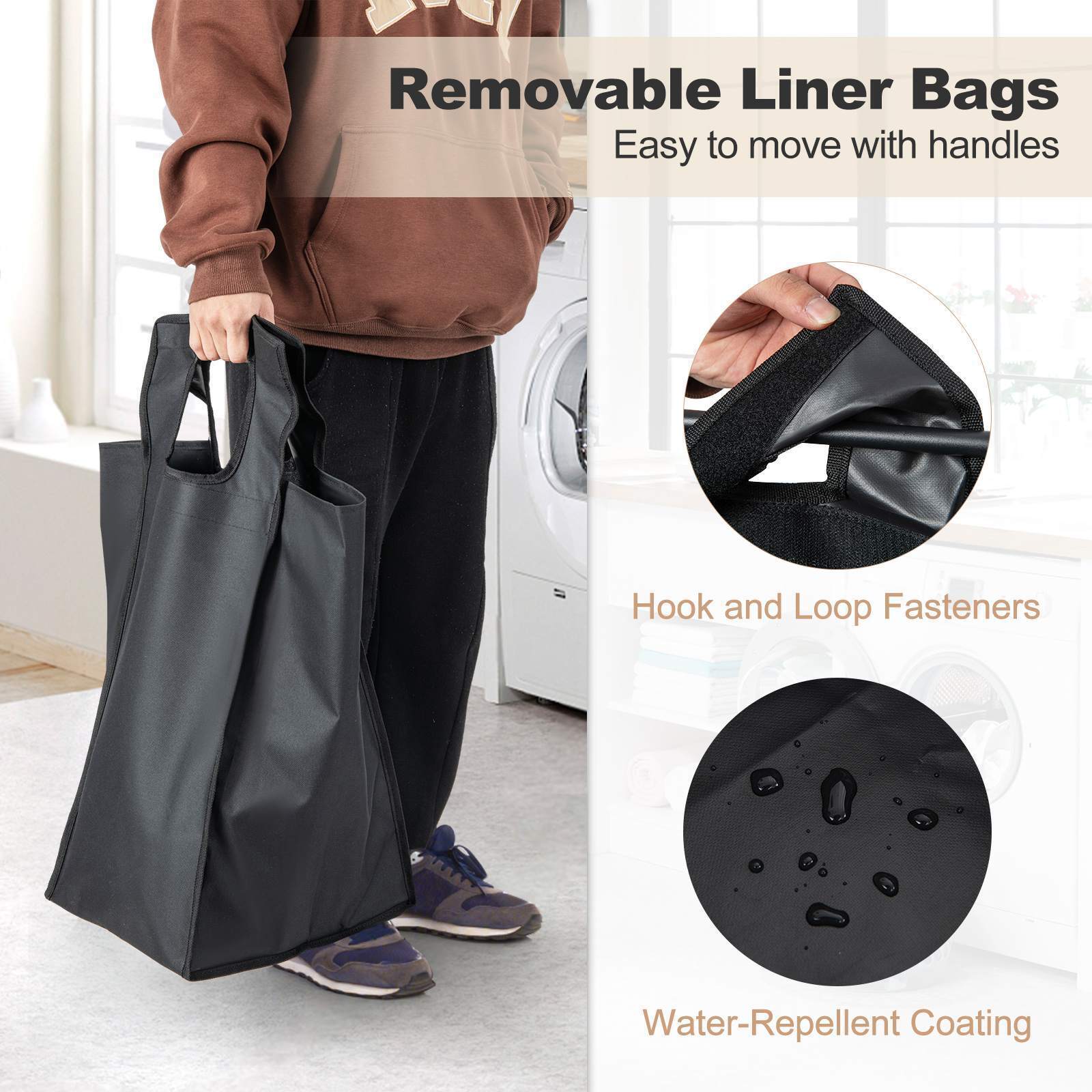 Laundry Hamper Basket Organizer w/ 3 Pull-out Removable Bags Countertop Bathroom