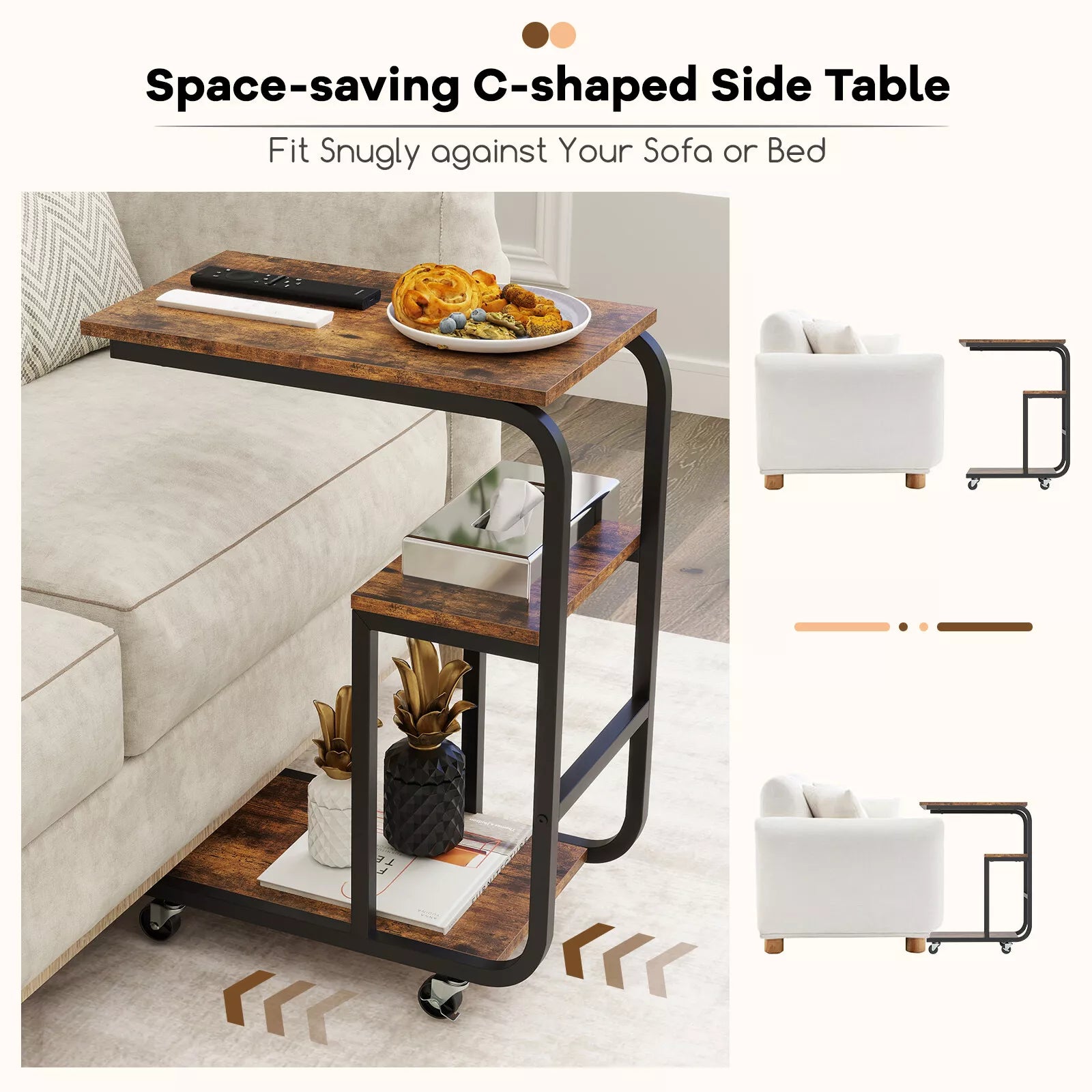 C-Shaped End Table Industrial Sofa Side Table Couch Table w/ Open Shelves
