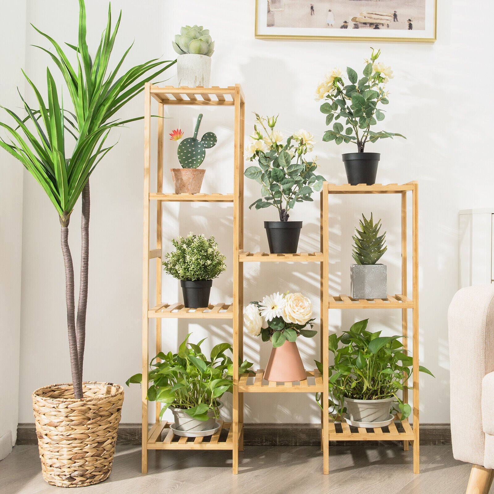 9-tier Wood Plant Stand Flower Pot Display Shelf Rack Living Room Patio
