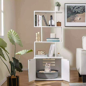 142 cm Tall 2-in-1 Cat Litter Box Enclosure w/Storage Pet House Corner Bookshelf