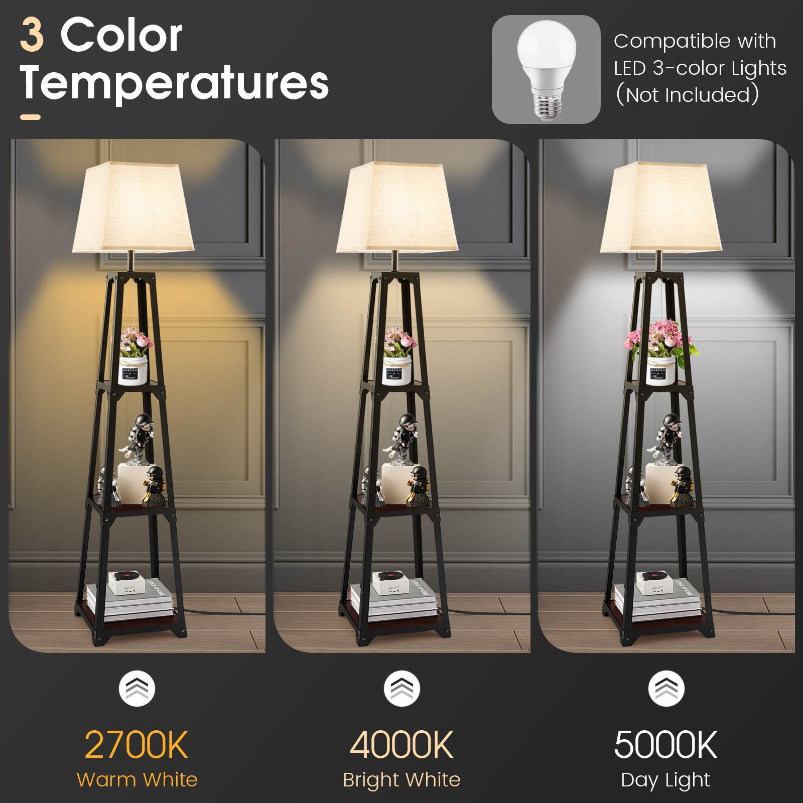 Trapezoidal Designed Floor Lamp, 3 Tiered Storage Lamps, Shelf Floor Lamp