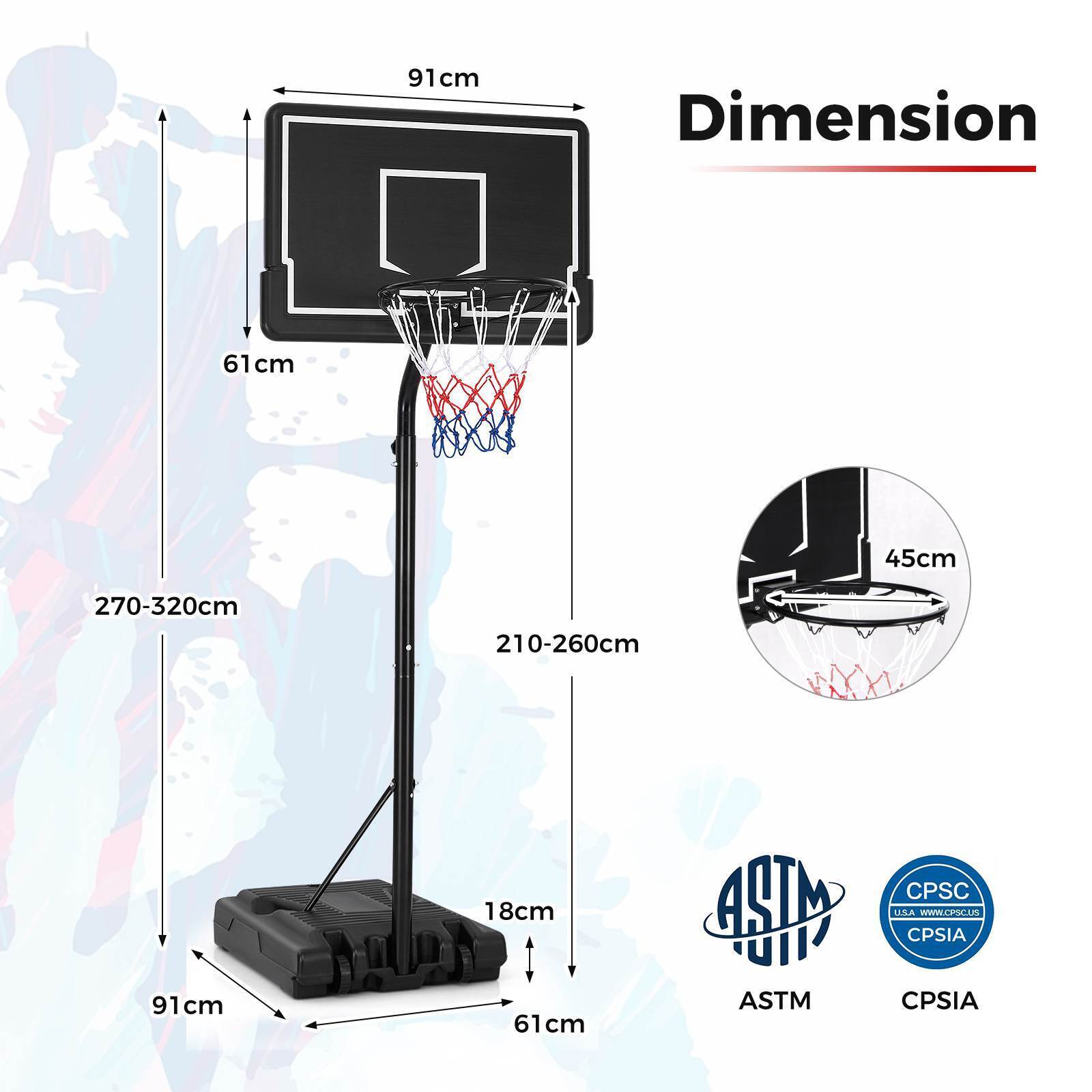 2.1-2.6m Adjustable Portable Outdoor Basketball Hoop,Kids Basketball Goal System