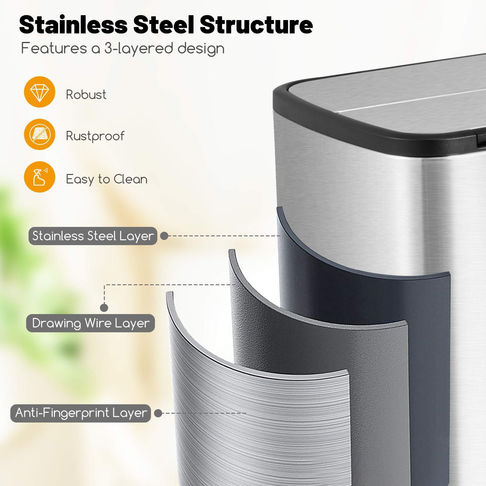 46L Stainless Steel Trash Can Kitchen Waste Bin Slim Step Garbage Can Dustbin