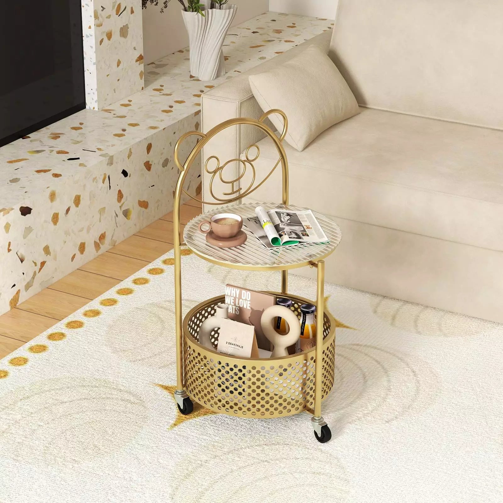 HONEY JOY 2-Tier Round End Table Storage Side Table Bedroom w/Lockable Wheels