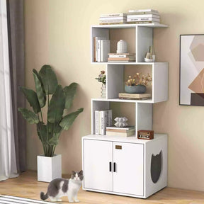 142 cm Tall 2-in-1 Cat Litter Box Enclosure w/Storage Pet House Corner Bookshelf